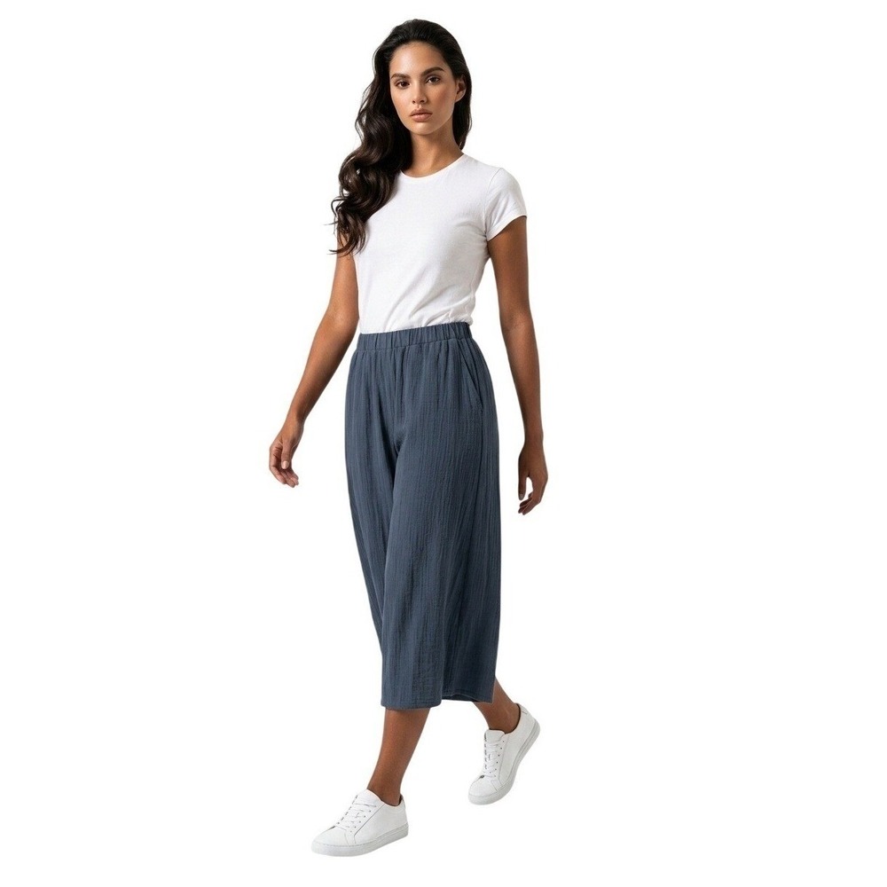 Halara Linen Feel Wide Leg Baggy Crop Pants Women L Blue Pull On Pockets Travel